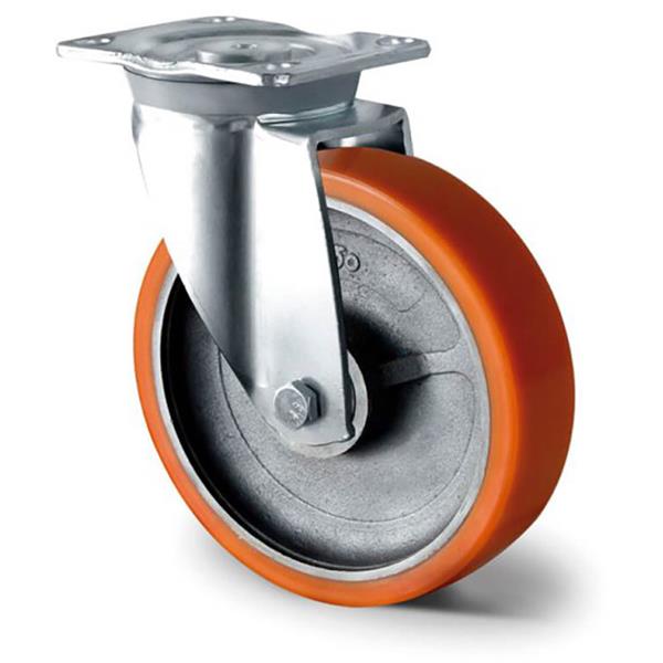 RUEDA GIRAT. POLIURETANO MARRON C/PLACA 200MM 1000KG ALTA CARGA HEAVY DUTY REF.20B0855 (CASCOO)
